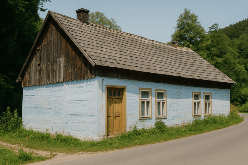 Stary dom z drewnianym dachem i niebieską elewacją przy drodze – przykład budynku, w którym dobór odpowiedniego systemu ogrzewania ma kluczowe znaczenie dla komfortu i kosztów eksploatacji.