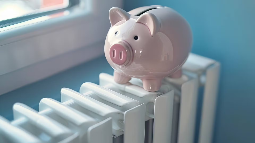 Świnka skarbonka stojąca na ciepłym grzejniku – symboliczne przedstawienie kosztów ogrzewania gazowego w domu.